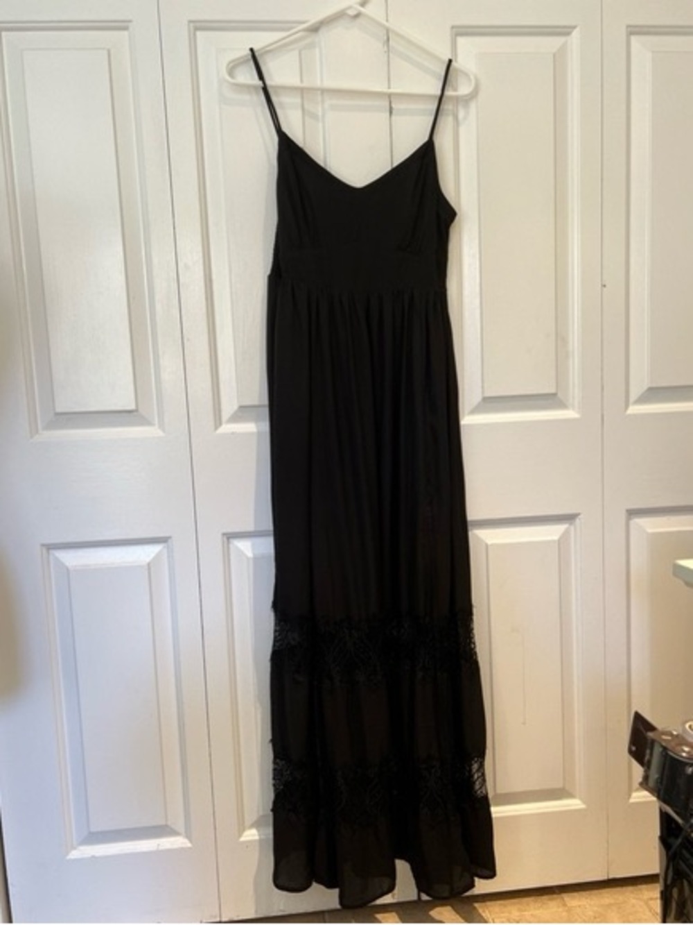 Bebe Black Sleeveless Maxi Dress with Lace Trim High Side Slits